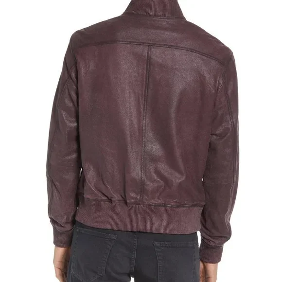 John Varvatos Star USA Men's Dani Goatskin Leather Zip Bomber Jacket Bordeaux - Picture 4 of 7